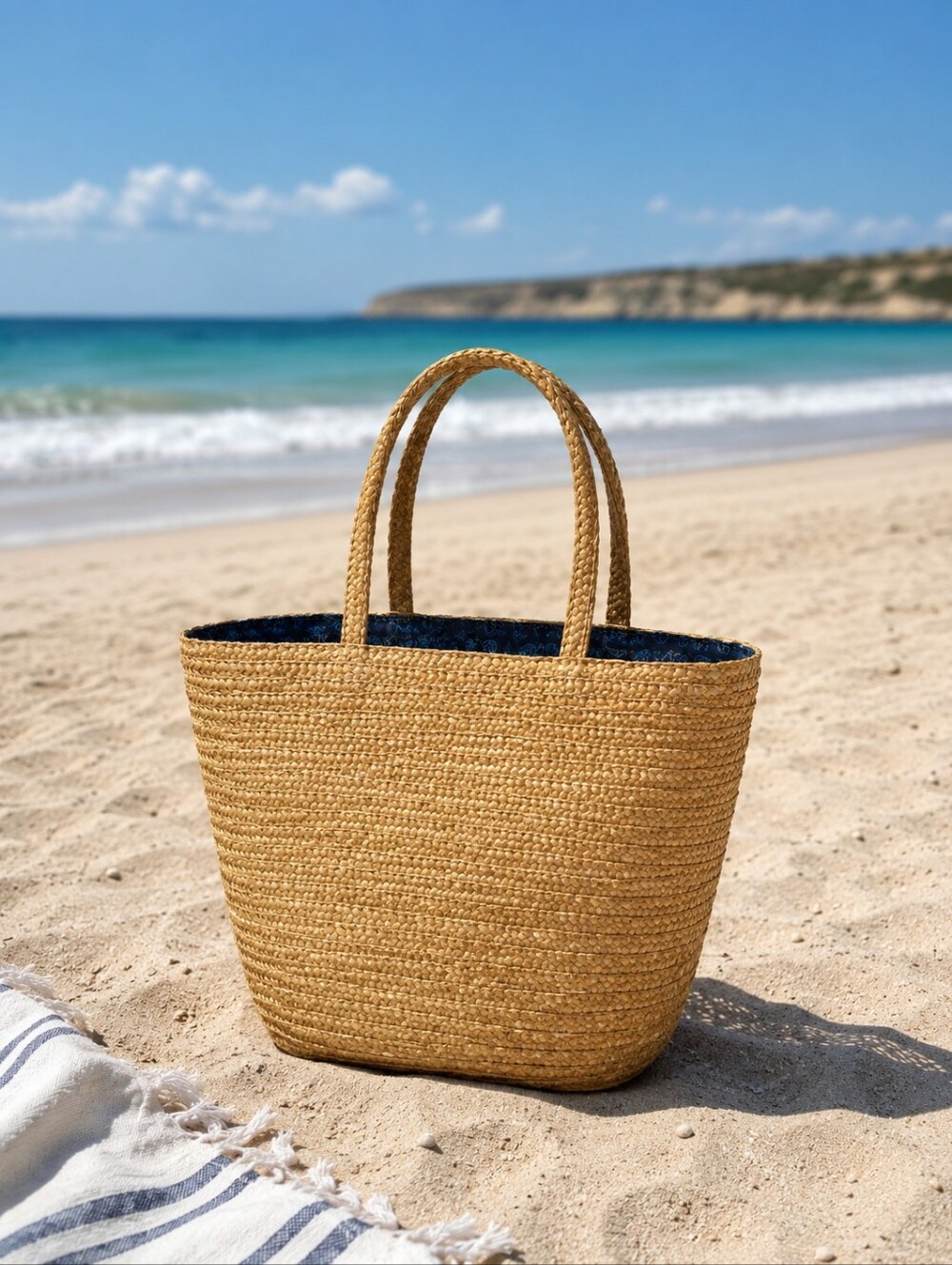 Woven Straw Bag, Navy & Teal Blue Linimg With Pockets, Anchor, 15"x12" - Picture 1 of 6
